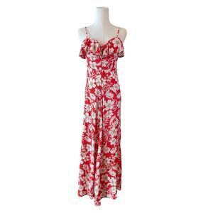 As U Wish Red & White Tropical Floral Button-Front Ruffle Maxi Dress Size Small